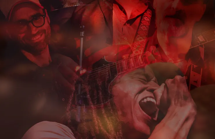 fotos como marcas de agua de mujer cantando, hombre sonriendo