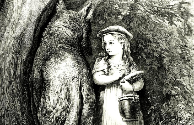 Ilustracion en blanco y negro de una niña y un lobo