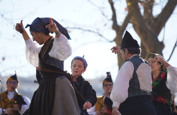 personas con trajes regionales con los brazos en alto bailando